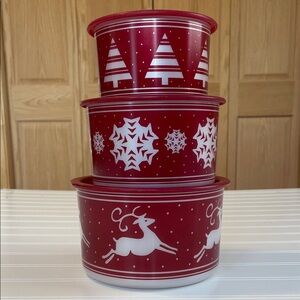 Tupperware Red Holiday Containers with Lids Reindeer Snowflake Christmas Tree